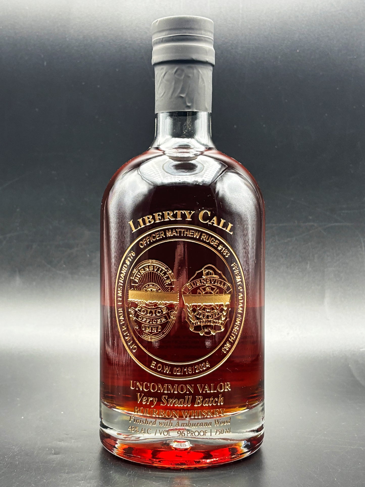 Burnsville Police and Fire Department Officer Paul Elmstrand, Officer Matthew Ruge, and Firefighter/Paramedic Adam Finseth Memorial Whiskey Bottle