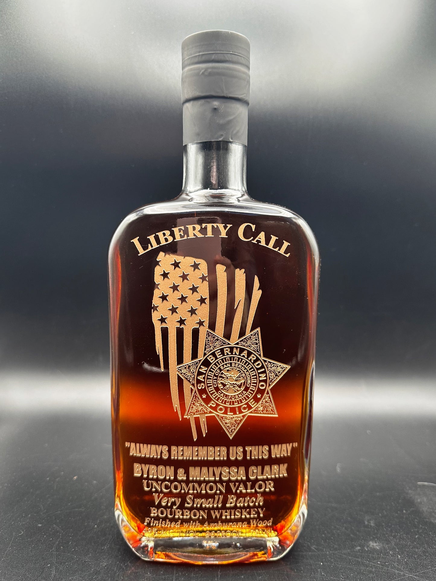 San Bernardino Police Department Sergeant Byron and Malyssa Clark Fundraiser Whiskey Bottle